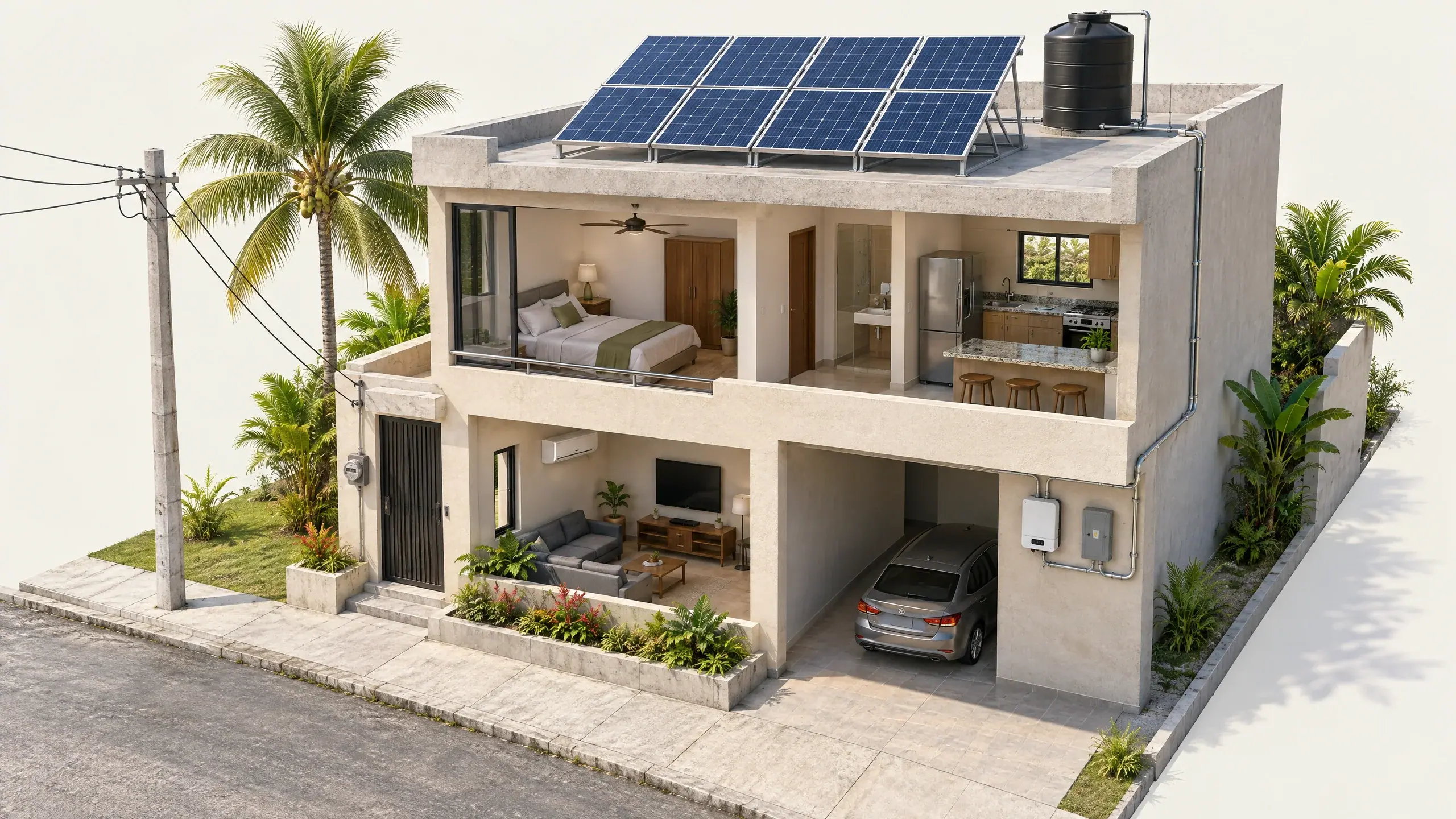 Casa del sur de Veracruz en corte con paneles solares, inversor, centro de carga y medidor