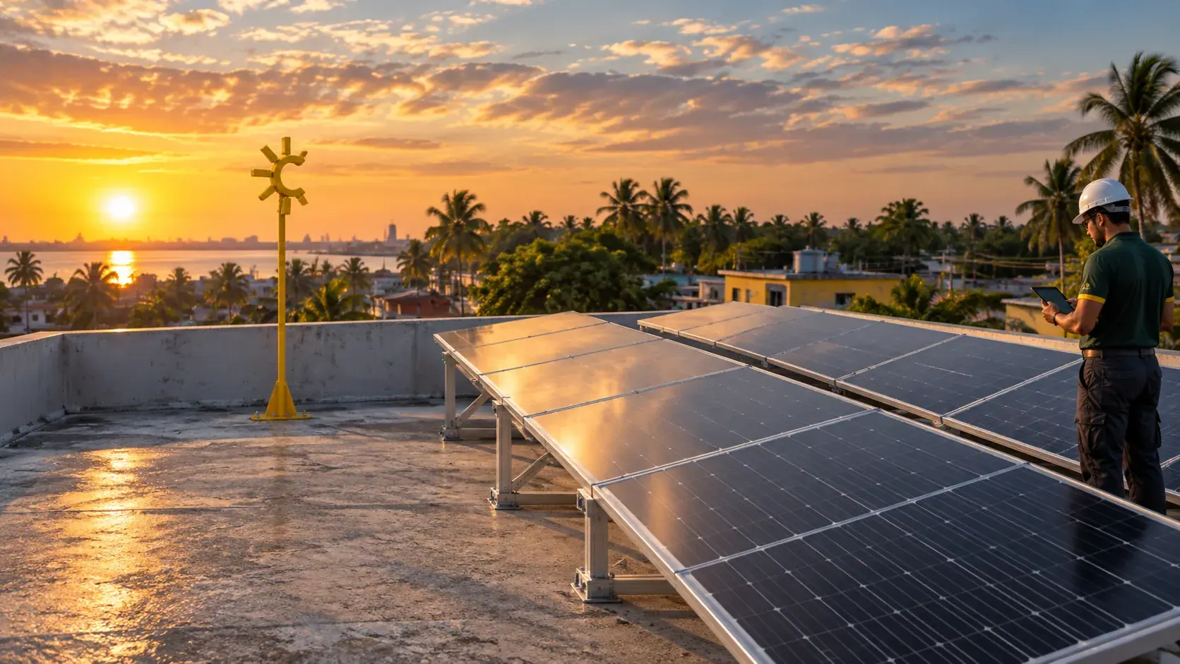 Azotea con paneles solares y la insignia amarilla de Soluciones Solares del Sur sobre su poste