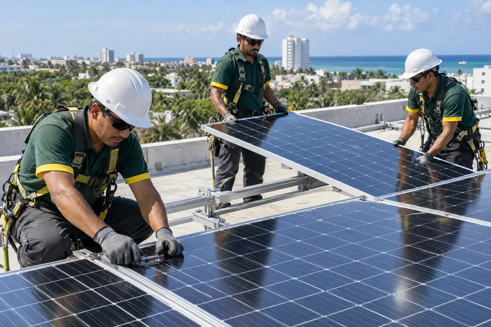Cuadrilla instalando paneles solares en una azotea