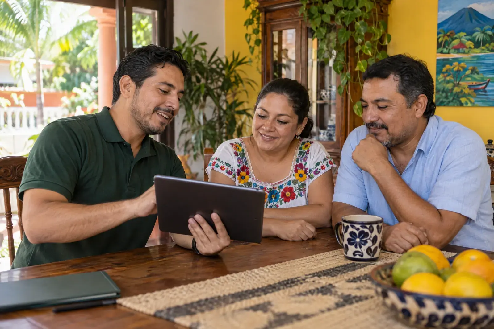 Asesor explicando una propuesta en una tableta a una pareja