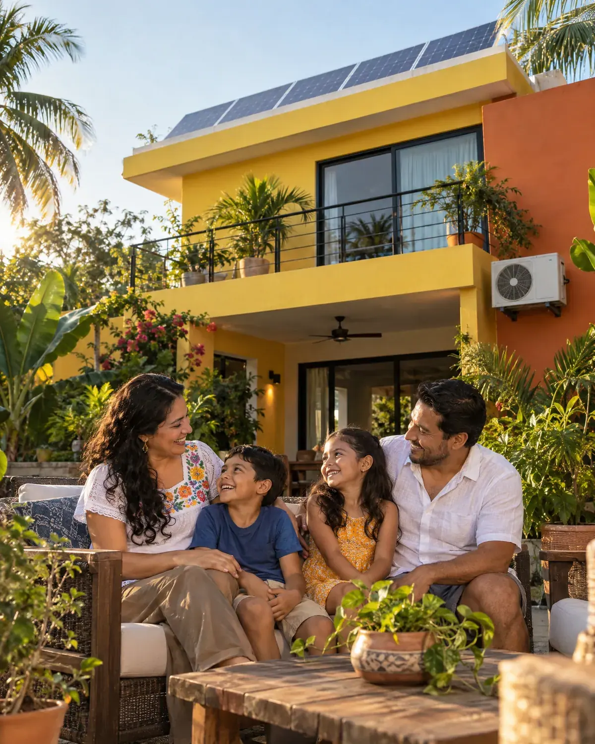 Familia en el patio de su casa con paneles solares en la azotea