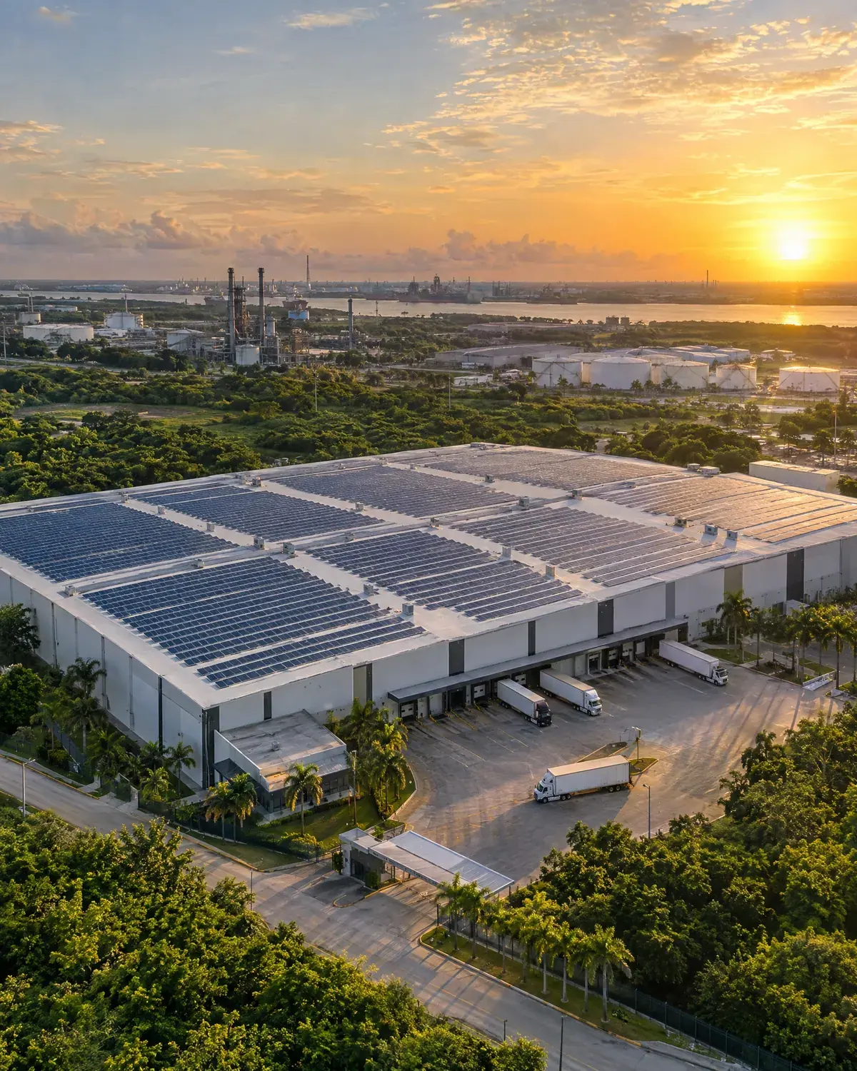 Nave industrial con cientos de paneles solares en el techo