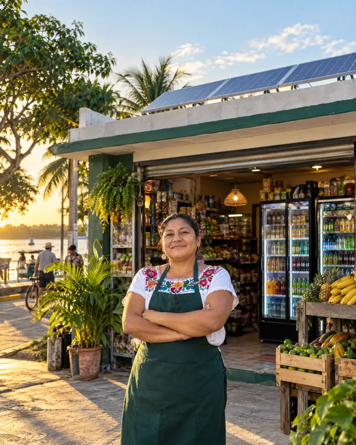 Dueña de una tienda de abarrotes con paneles solares en el techo