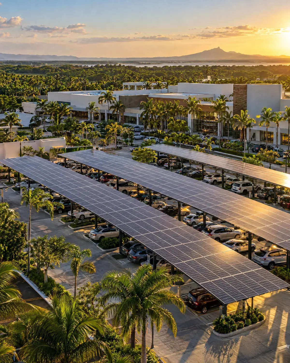 Estacionamiento con techos de paneles solares en una plaza comercial