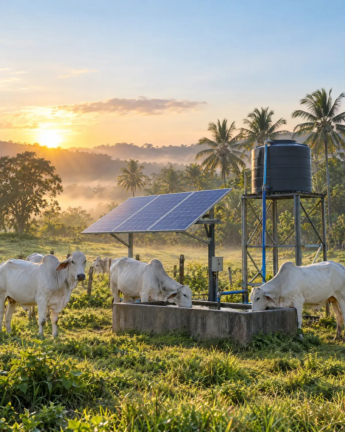 Rancho con ganado y sistema solar de bombeo de agua